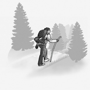 a cartoon of a youth hiking 